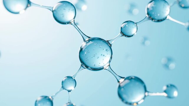 Copper Peptide - Close-up visualization of interconnected transparent blue water molecules with bubbles suspended inside on a light blue background.