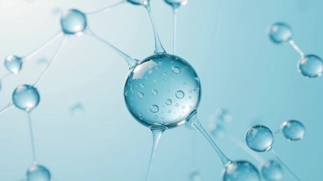 Electrolytes - Close-up of a transparent molecular structure model with interconnected blue spheres and liquid-like bubbles inside.
