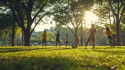 Kids playing soccer together in the park outdoor activity afternoon sunlight joyful atmosphere