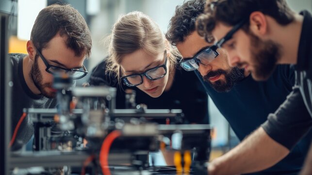 Engineers analyzing wind turbine technology in a modern lab setting focused on innovation and renewable energy solutions