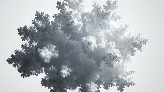 Abstract, grayscale image depicting fractal-like, snow-covered branches against a white backdrop