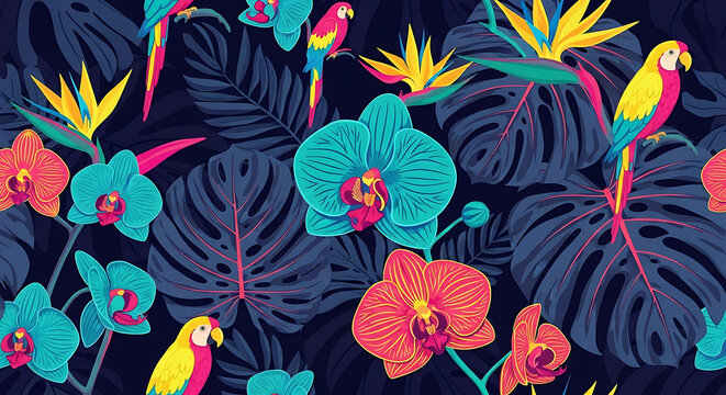 A vibrant illustration of tropical flowers and colorful parrots on a dark background