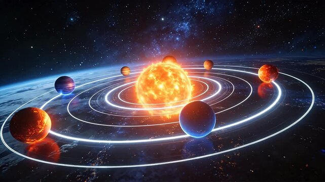 Solar system with planets orbiting sun