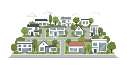 Suburban neighborhood with diverse modern houses and green trees, flat illustration