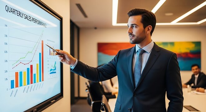 Businessman points to rising quarterly sales performance chart during meeting.