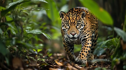 Obraz premium A lone jaguar strolling through the lush green forest floor amazon rainforest wildlife photography serene environment close-up view nature conservation
