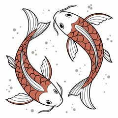 Two orange and white koi fish swimming in circle with gray bubbles © md munna
