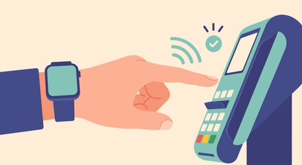 Person using smartwatch for contactless payment at a terminal with wireless signal and checkmark icon