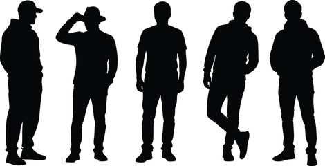 Naklejka premium Casual men silhouettes standing in different poses, young male people figures isolated on white background