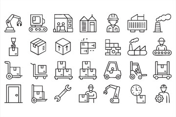 Logistics warehouse line icons with forklift and packages
