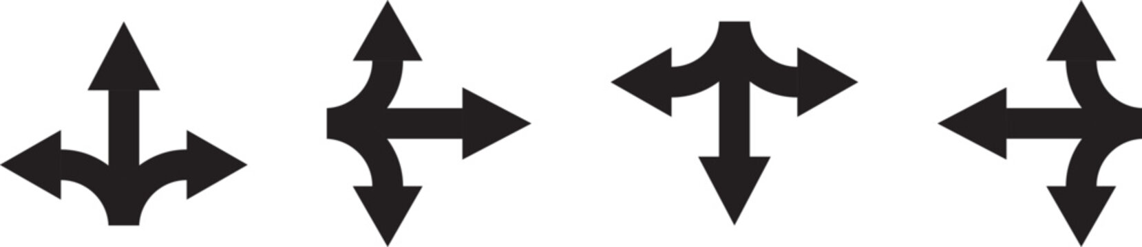 Navigation Road Arrows icon Set. Highway Direction Icons. Black arrows showing diverging and converging paths. Set of black directional arrow icons including U turn, right turn, left turn