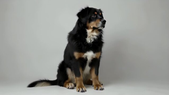 A Comprehensive Portrait of a Young Adult Canine of the Bernese Breed in a Seated Pose Against a Plain White Studio Backdrop
