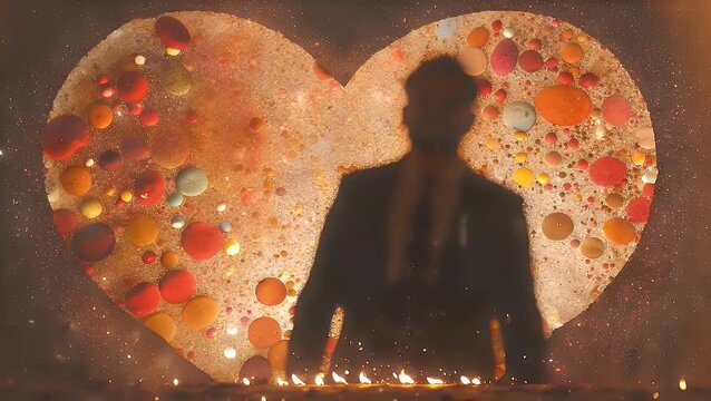 Elongated Cardioid Silhouette Border with Scattered Dot Matrix Backdrop and Crimson Tint