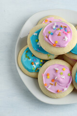 high angle view colorful Easter sugar cookies on a plate
