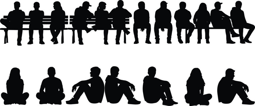 Silhouettes of people sitting on bench and ground isolated on white background illustration