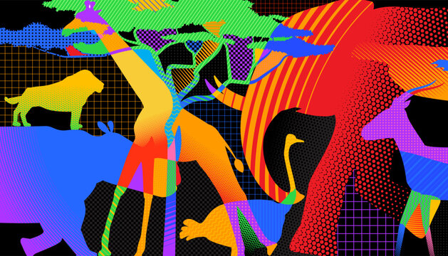 Abstact colorful background of African safari animals background.
