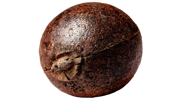 Close-up of a cracked and weathered brown reetha on a plain white background