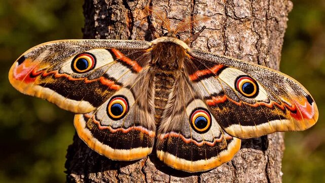 Moth with eyelike patterns on tree bark
