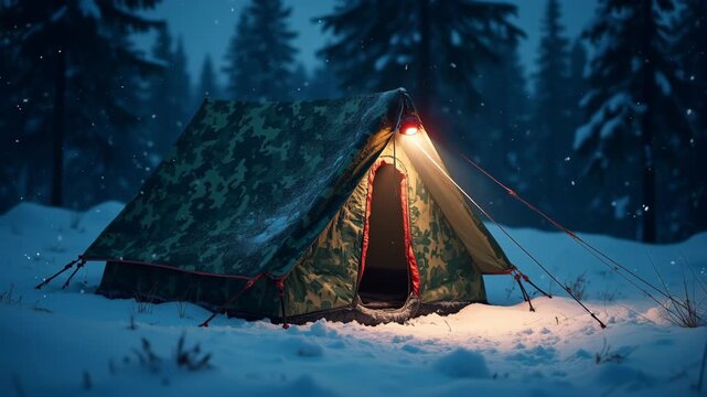 Night winter scene of camouflage military tent on snow, guylines pulled tight to stakes, headlamp red light illuminating ropes, pine trees background, falling snow.

