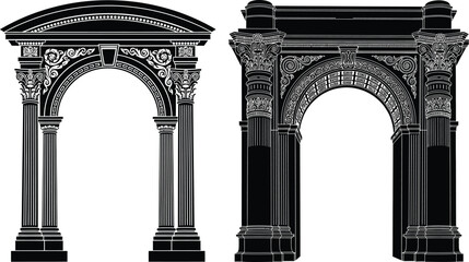 Two ornate black and white arches with columns