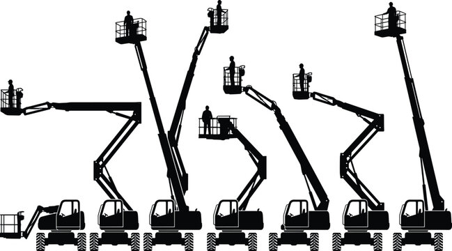 Aerial work platform set with man lift, cherry picker machines, construction workers in bucket, cad drawing flat vector illustration, industrial maintenance.
