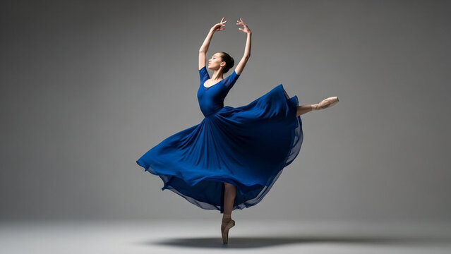 Graceful Ballerina in a Flowing Blue Dress Performing a Ballet Dance on a Gray Background.