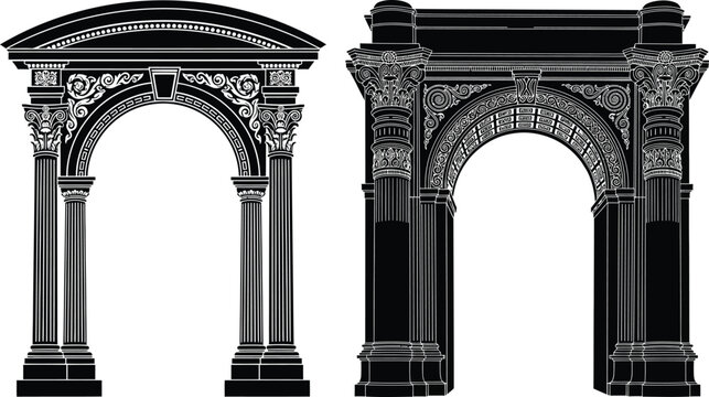 Two ornate black and white arches with columns