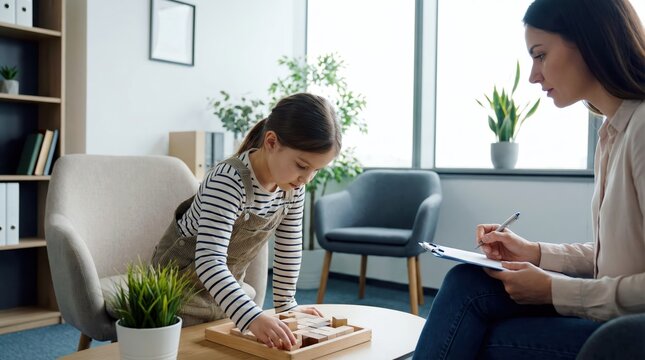Child solving cognitive puzzle while specialist observes in modern office