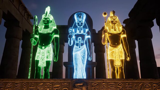 Mystical ancient Egyptian temple ritual with glowing holographic deities, priestess silhouette, flickering oil lamp flames, and sacred magical aura in dim chamber, video footage