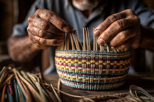artisan weaving colorful basket with hands