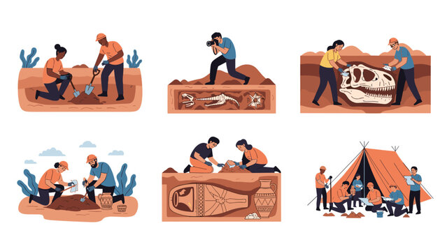 Multiple scenes of archaeologists and paleontologists excavating dinosaur fossils and ancient egyptian sarcophagi in a desert landscape.