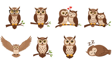 Obraz premium Collection of cute brown owl illustrations in different poses like wearing glasses, flying, sleeping, and a romantic couple in love.