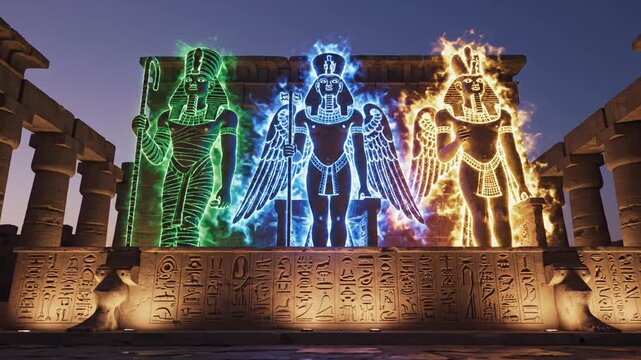 Ancient Egyptian triad of deities Osiris, Isis, and Horus glowing with pulsing green, blue, and gold light on a grand temple dais at dusk in mystical sacred setting - video footage