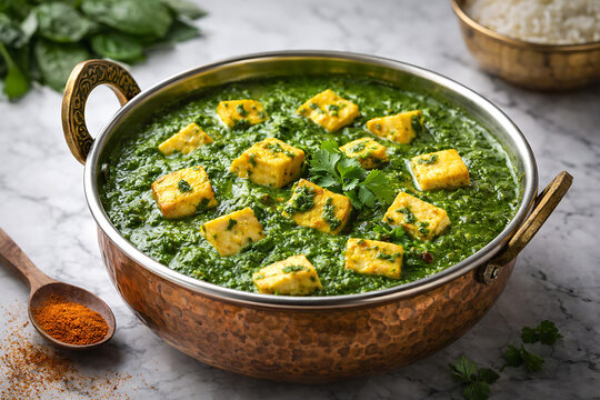 Palak paneer vibrant green curry, brass serving bowl, marble background