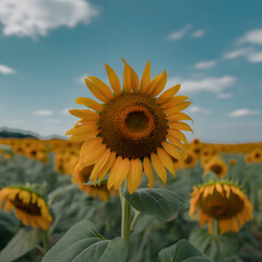 "Sunflower Field with Blue Sky &mdash; Close-Up of a Large Sunflower Head in Bloom Surrounded by Sunflower Plants, Rustic Countryside Landscape"

