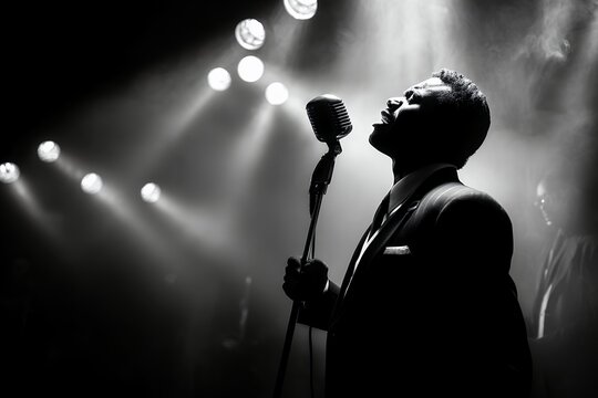 man singing into a vintage microphone on stage