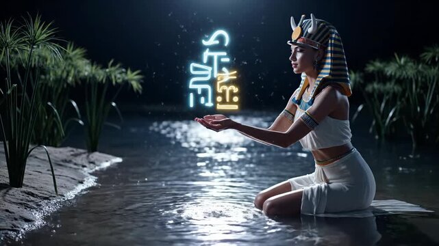 Ancient Egyptian ritual by the Nile at night with Isis figure raising water transforming into glowing hieroglyph symbols in tranquil mystical scene video footage