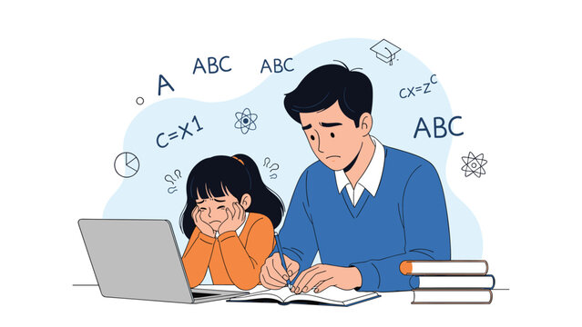Worried father and his young daughter sitting together at a desk with a laptop, working through a difficult school homework assignment.