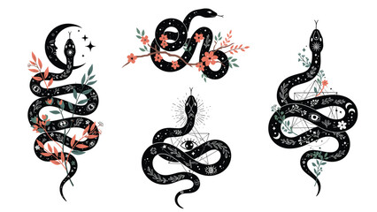 Mystical black snake illustrations adorned with celestial patterns flowers and geometric symbols like the all-seeing eye and moon.