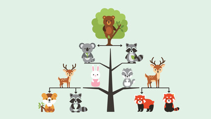 Fototapeta premium Cute woodland animal family tree illustration featuring characters like bears deer raccoons and rabbits in a structured tree format.