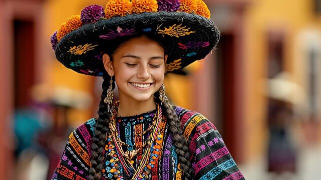 Young indigenous girl wearing a vibrant traditional outfit and a sombrero adorned with marigolds, smiling outdoors.