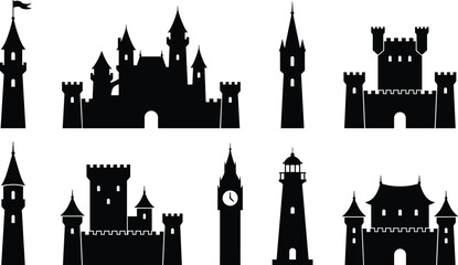 Set of castle silhouette, medieval fortress, tower, lighthouse, and palace icons, cad drawing flat vector illustration on white background, architecture shapes. © Mokbul