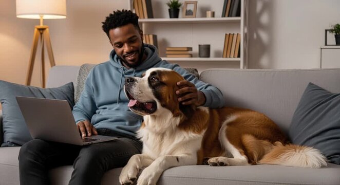  Young African-American man on a sofa with laptop, gently petting his large Saint Bernard while talking online, cozy home office scene