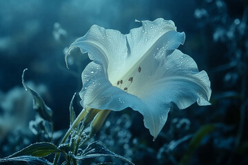 Generative AI illustration of magical forest filled with night blooming flowers like moonflower eveningprimrose and nightphlox glowing in moonlight