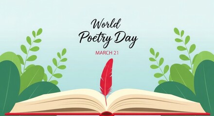 World poetry day illustration with an open book and red feather quill