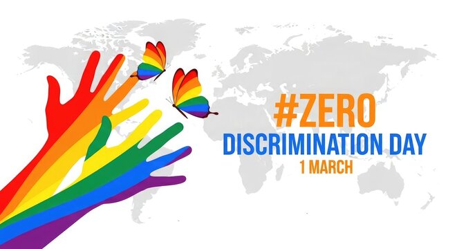 Hands reaching with butterflies and a world map for zero discrimination day