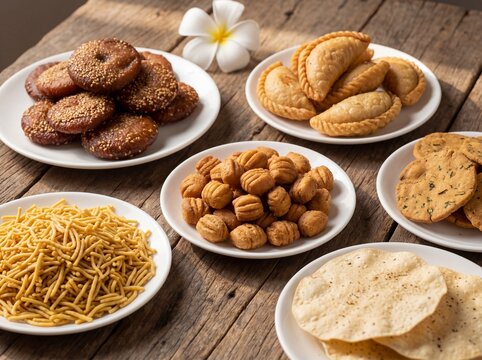 Assorted Traditional Indian Sweets and Savory Snacks on a Rustic Wooden Table