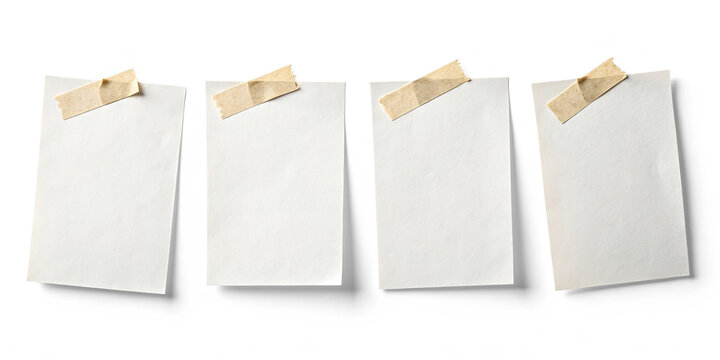 Empty paper for text isolated on white or transparent background. Post it note with paper on wall with Masking tape.