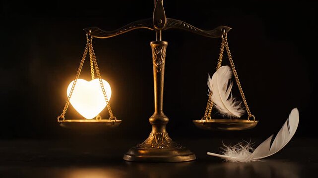 Ancient ornate golden scales with glowing heart and white feather in perfect balance on dark misty background, symbolizing spiritual judgement and mystical harmony video footage