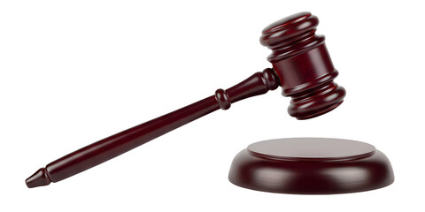 Judge's gavel hammer for adjudication, wooden auction hammer with a wooden stand isolated on white or transparent background.